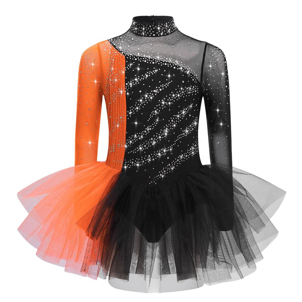 Girls Figure Skating Dress Long Sleeve Sparkling Rhinestones Color Block Patchwork Stage Performance Costume