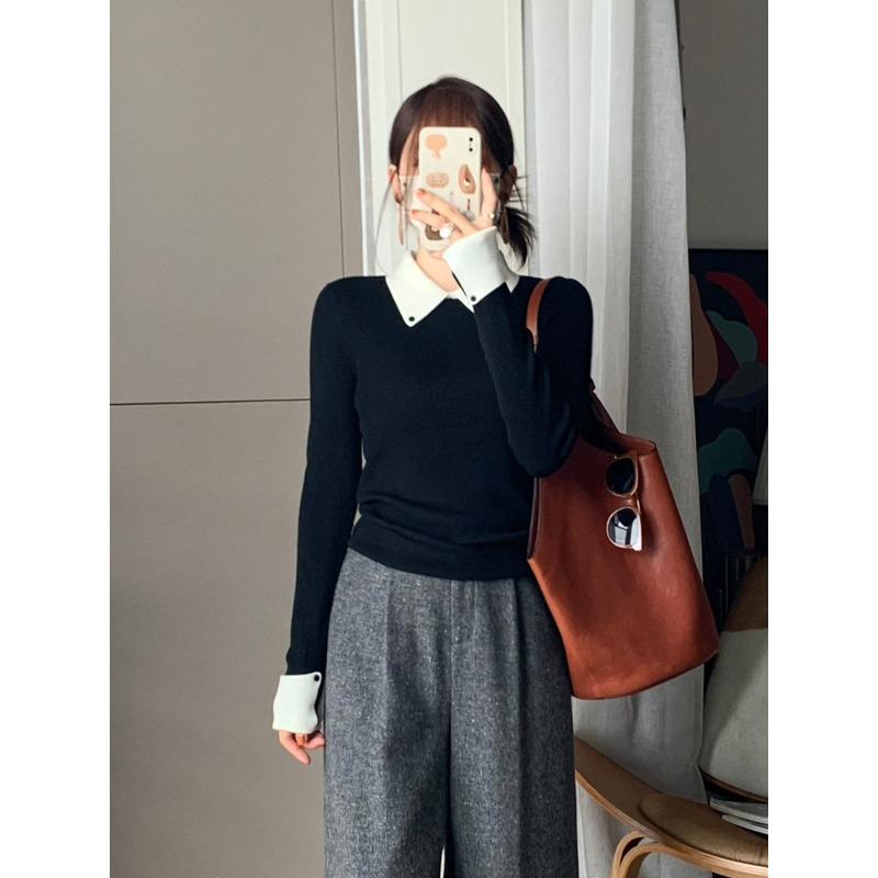 Contrast Color Polo Lapel Knitted Sweater Women's Autumn and Winter Slim and Thin Inner Long-sleeved Bottoming Top Soft Waxy Sweater