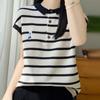 IHUASU Women's Summer Knitted Short Sleeve POLO Collar Collision Stripe T-Shirt Tencel Embroidery Short Sleeve Fashion Loose Top