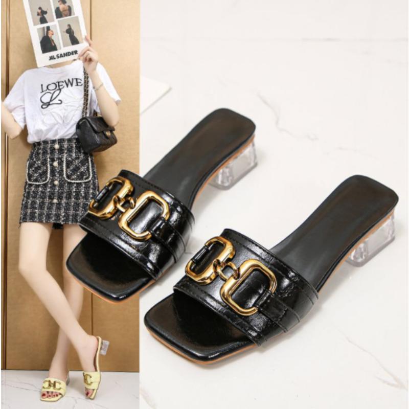 2024 Metal Buckle 3.5cm Transparent Square Heels Slides Women Peep Toe Mules Cool Summer Slippers Sandals Elegant Shoes