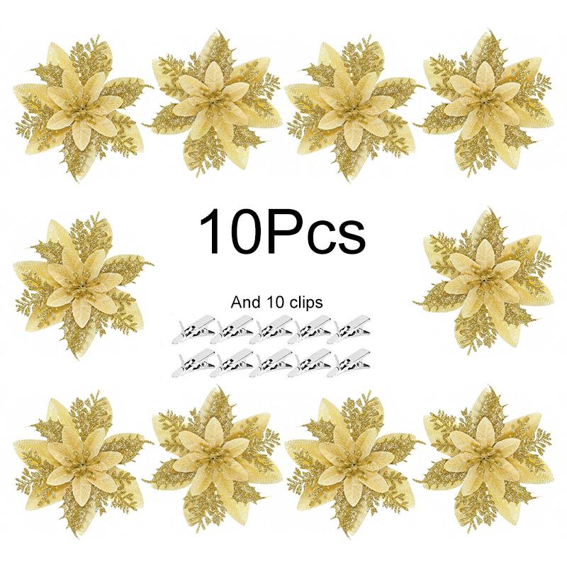 10Pcs/Pack Christmas Flowers Sparkling 14CM with Clips Xmas DIY Glitter Poinsettia Wreath