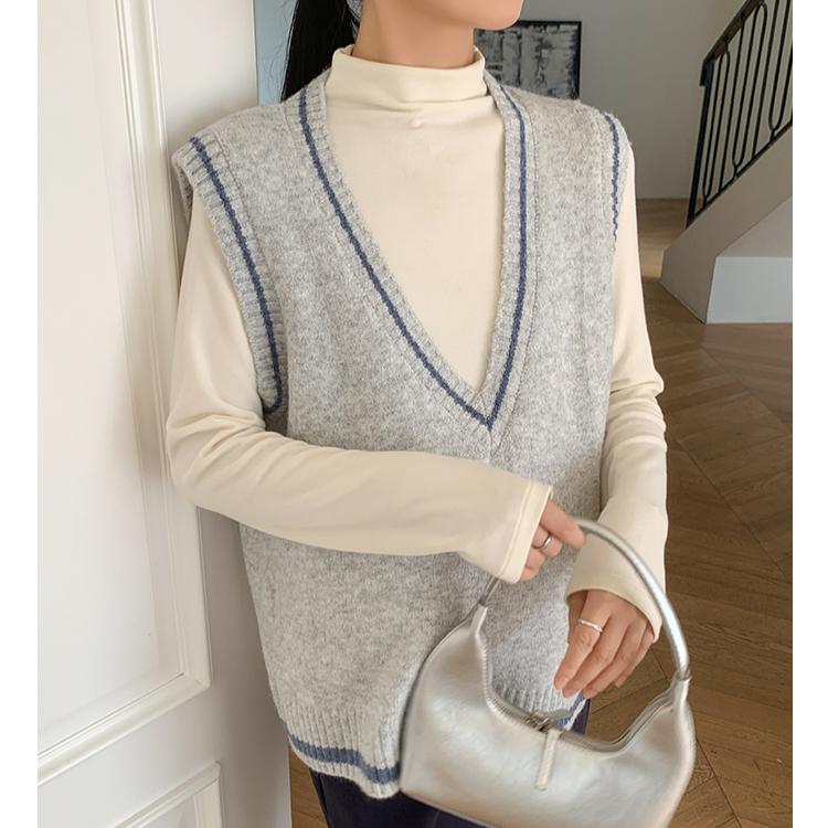 DIMANAF 2025 Plus Size Sweaters Vest Autumn Women Solid V-Neck Sweaters Knitting Loose Grey Sweater