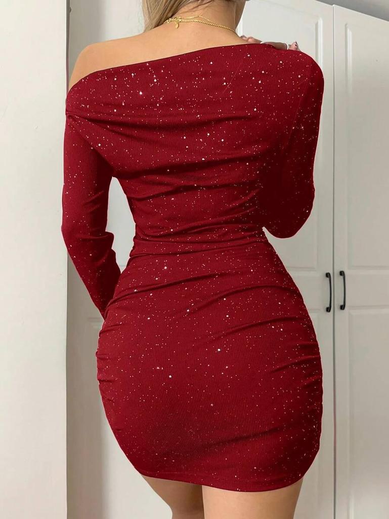 Women's Shiny One-Shoulder Long-Sleeve Bodycon Dress - Sexy Spring Party Gown
