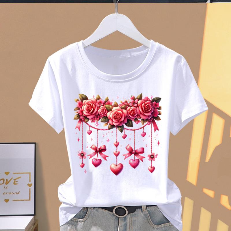 (Asian Size) watercolor flower cute Casual T Short Sleeve T-shirts Women's Top Print O-neck Fashion Female Clothing Graphic Tee