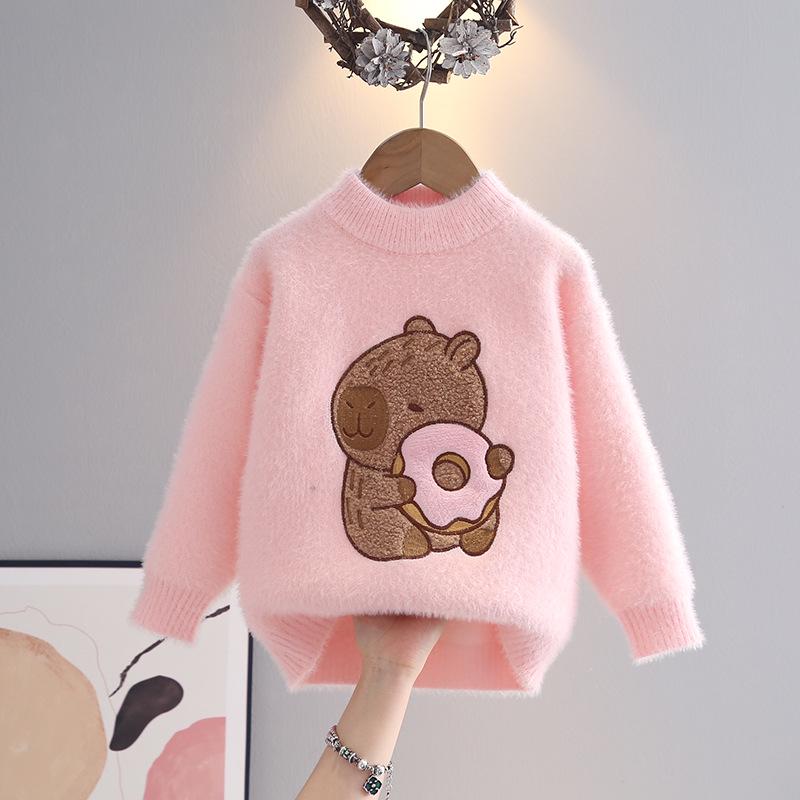 Girls' Mink Velvet Knitted Pullover Sweater - Thickened and Fashionable for Autumn/Winter