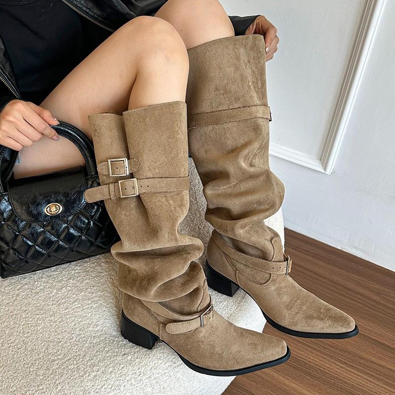 Fashion New Style Popular Winter Black Punk Round Toe Knee-High Women Boots Square Heels Buckle Strap Ladies Boots Shoes Zapatos Mujer