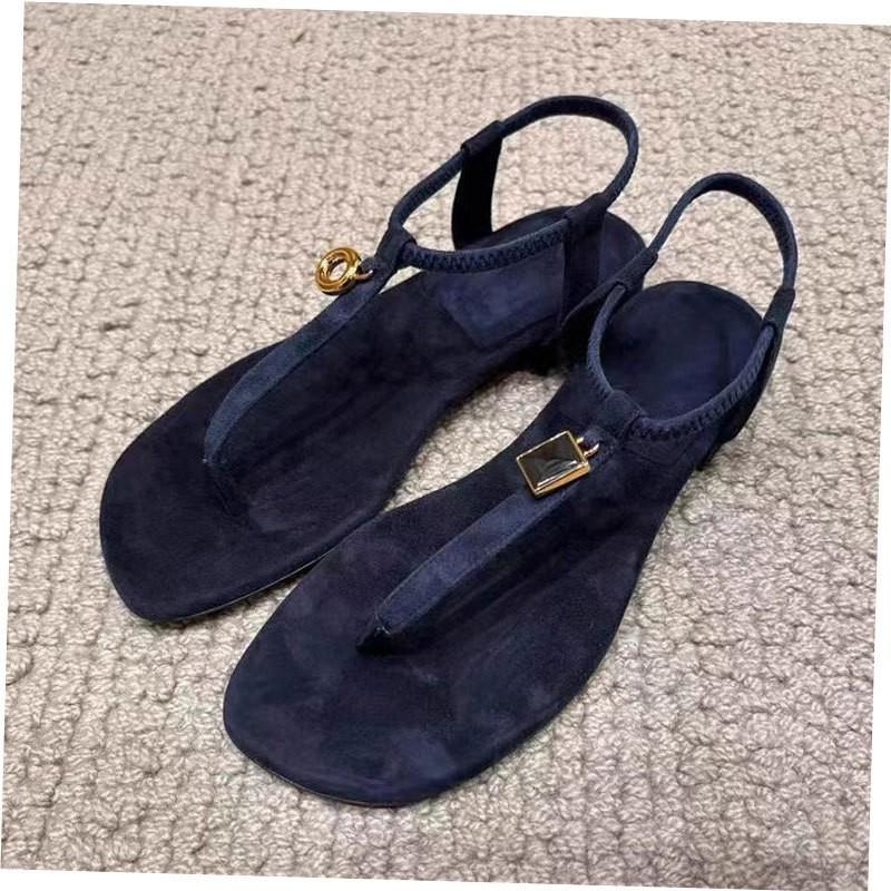 Sheepskin version~ Retro metal buckle toe flat sandals versatile simple word with Roman beach cool slippers women