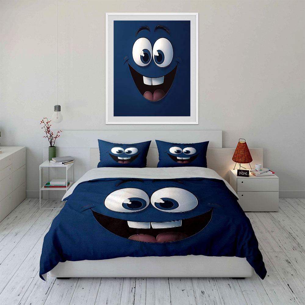 "Cartoon Face Decor Set" Bedding Set with 1 Duvet Cover 2 Pillowcases Single Double King Queen, Gift