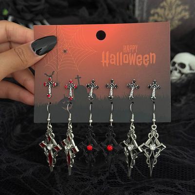 Salircon 6Pcs/set Vintage Gothic Oil Dripping Cross Drop Earring Women Creative Halloween Party Earring Jewelry Accessories