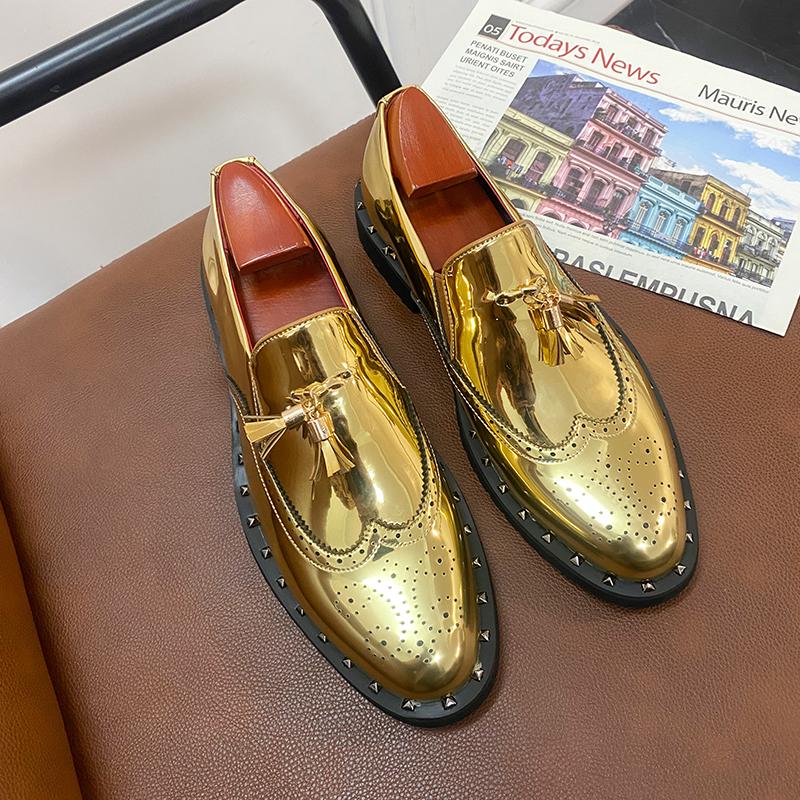 Men's Gold Tasseled Loafers Gold Dress Wingtip Shoes Stylish Leather Prom Blazers Dance Disco Party Shoes Large Size