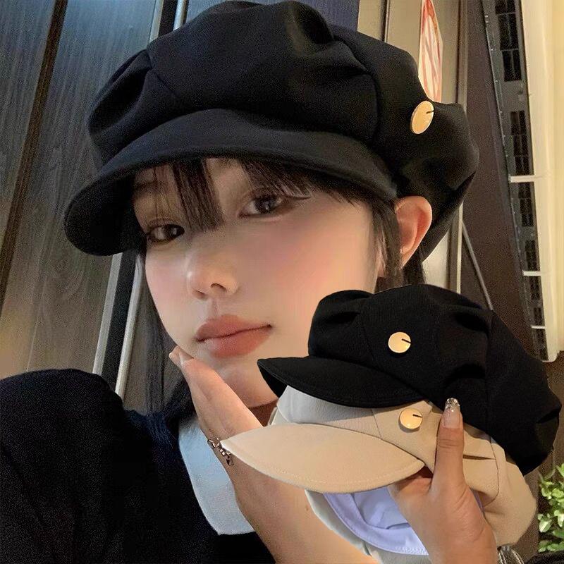 

Vintage Octagonal Hats Women Solid Color Pleated Berets Artist Painter Newspaper Cap Winter Autumn Casual Street Brim Caps about 56-58cm чорний