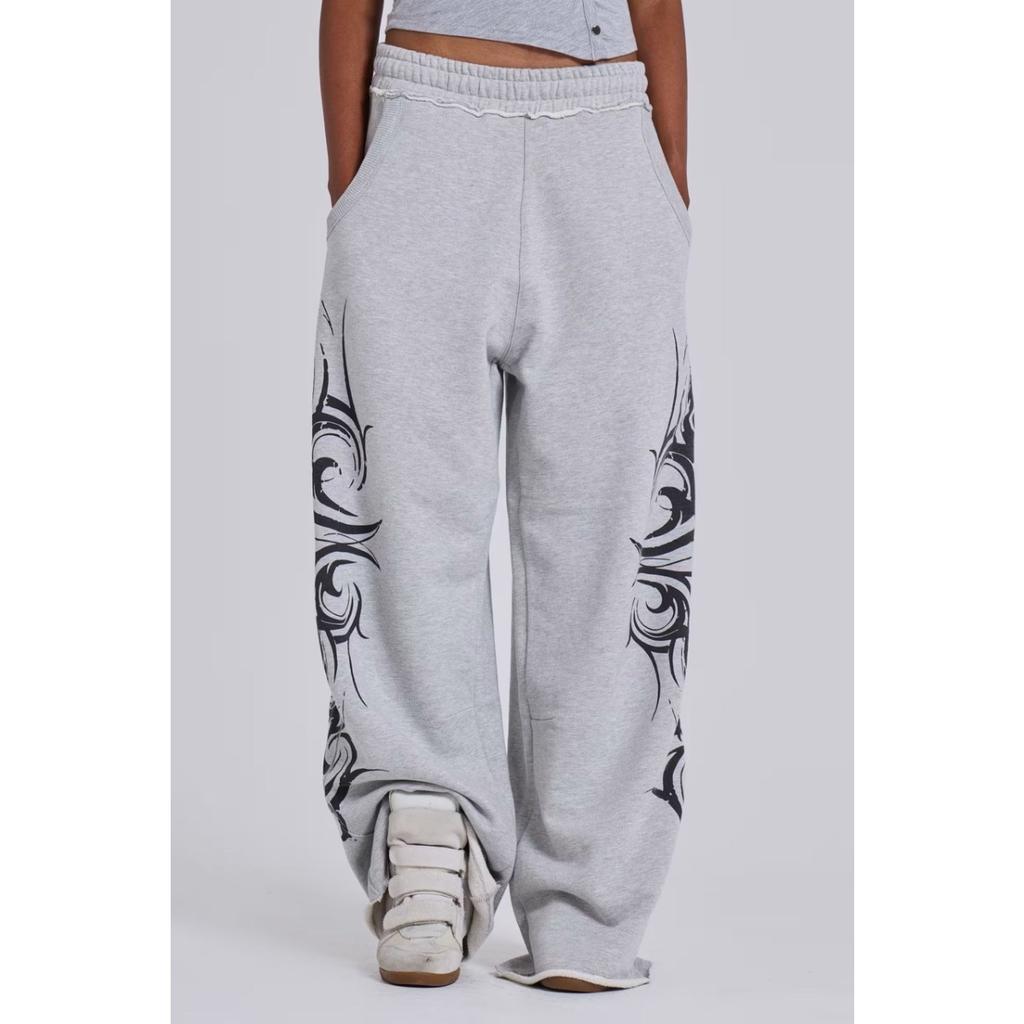 Gray Vintage Graphic Print Pants Wide Leg American Style Jogging Loose Sweatpants Harajuku Hip Hop Streetwear New