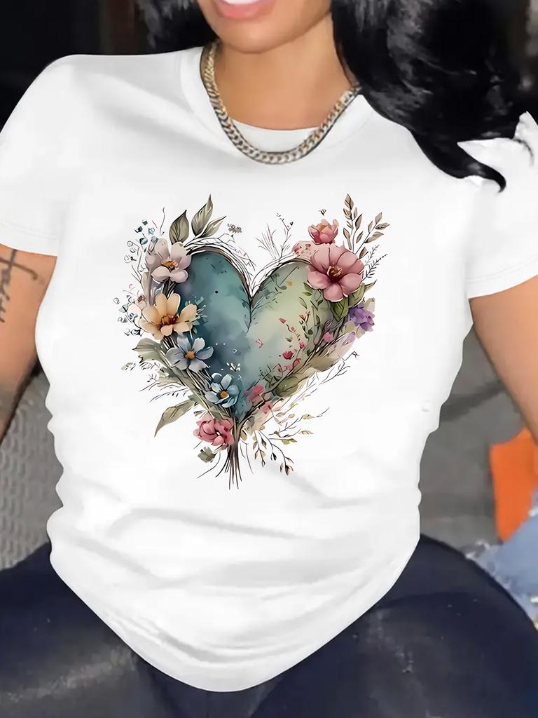 Floral Heart Graphic Women's Fashion Casual Sports T-Shirt Top, Short Sleeve, Round Neck, Leisure Style