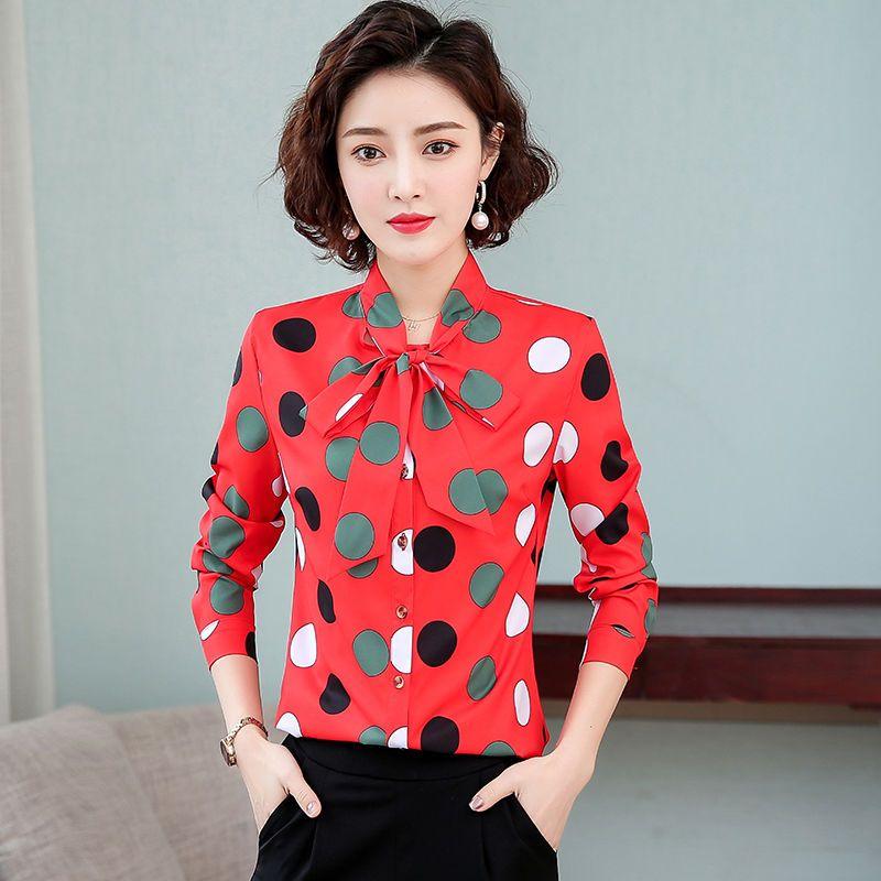 Bow Tie Tied Long Sleeved Top Korean Version Chiffon Shirt Women's Spring Autumn New Polka Dot Bottoming Blouse S-5XL
