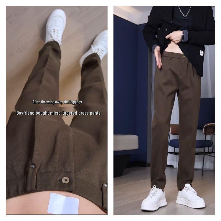 Men's Micro-Tapered Wool Suit Pants: Elastic Waist, Straight Leg, Wrinkle-Resistant, Slimming, Warm, Casual Trousers for Autumn & Winter.