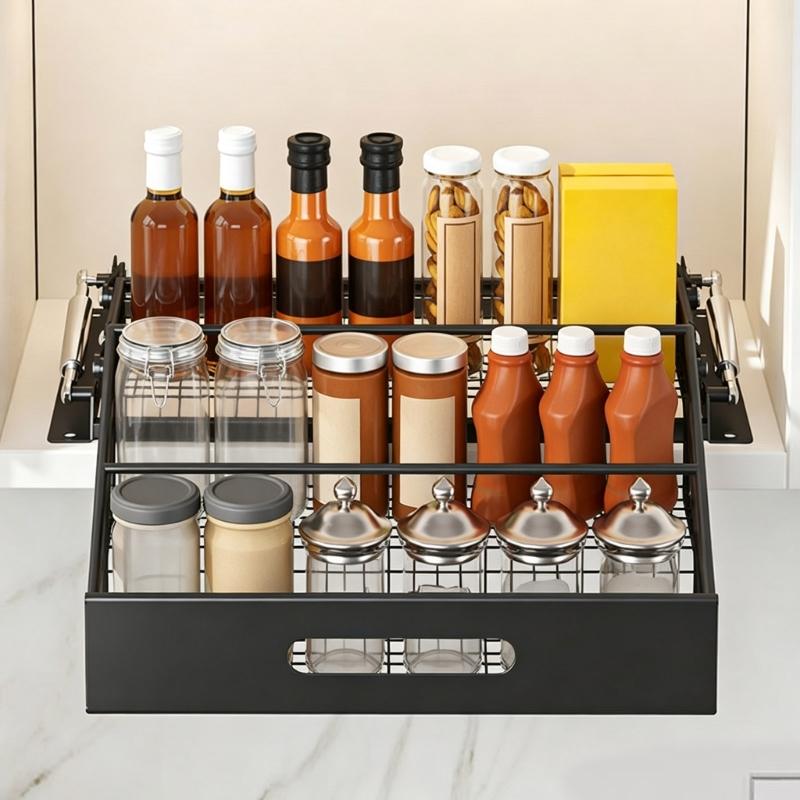 Kitchen Cabinet Seasoning Shelf, 3 Level Carbon Steel Storage Design with Guard Rails for Bottle Sorting and Access