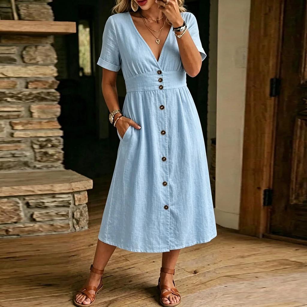 Women Short Sleeve V Neck Button Down Midi Dress with Pockets Casual Loose Fit Summer Linen Dress for Daily Wear