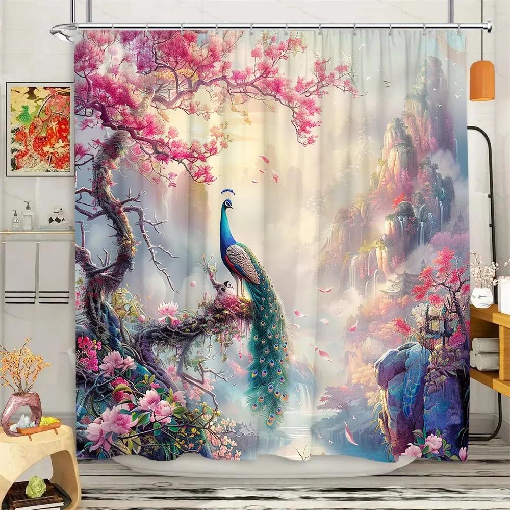 Peacock Shower Curtain Tropical Plant Flower Leaf Landscape Vintage Oil Painting Elegant Polyester Fabric Bathroom Decor Curta