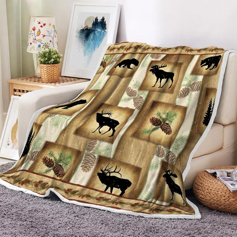 

Плед с медведем, Искусство с оленями для хижины, Лесной винтажный уютный теплый супермягкий фланелевый плед для дивана, кровати, флисовый походный плед для кемпера, для улицы 60 L x 50 W коричневый