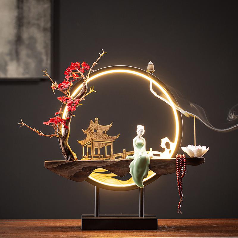 Chinese-Style TV Cabinet Backflow Incense Burner with LED Night Light - Dongting Lake Gift