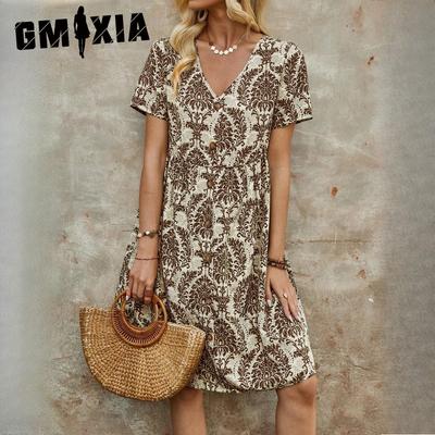 Women's Summer Fashion Printed V-Neck Short Sleeve Loose Midi Dresses