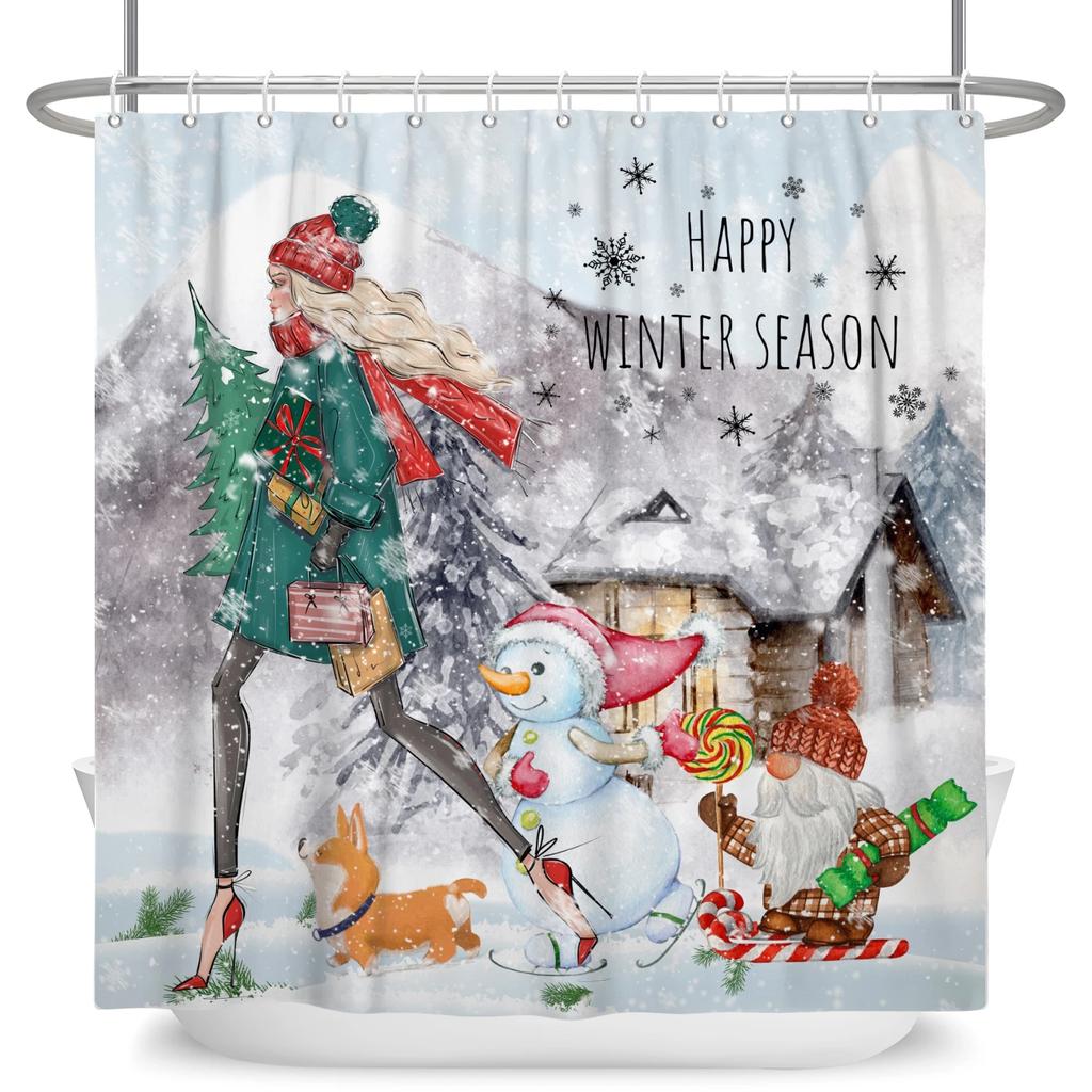 Merry Christmas Snowman Shower Curtains Waterproof Bath Curtain Santa Claus Snowflake for Bathroom Home Decor with Hooks