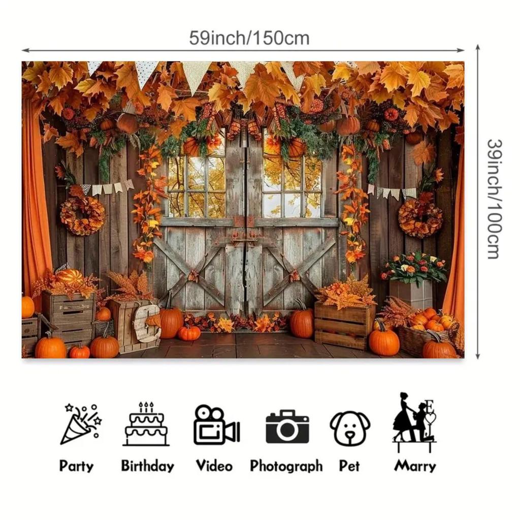 2D plane, 1 piece of autumn harvest background fabric - Maple leaves and pumpkin barn theme,Harvest Festival, polyester material