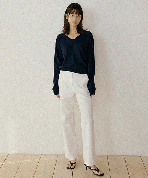 Lingseoul Merino Wool V-Neck Knit Top-Navy