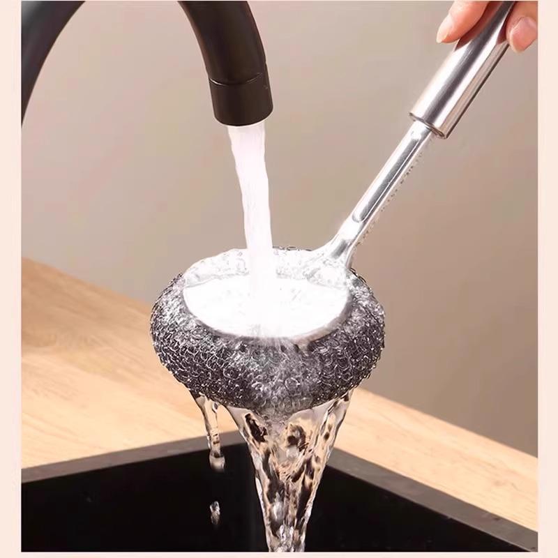 Stainless Steel Long Handle Pot & Bowl Brush with Non-Shedding Wire for Safe Dishwashing