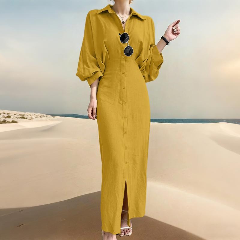 ZANZEA Women Casual Turn Down Collar Solid Color Long Sleeve Elegant Dress 3XL жёлтый