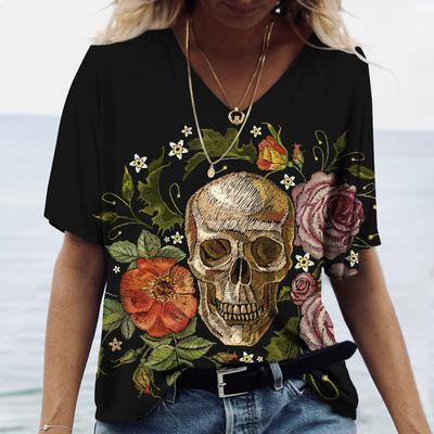 Summer V-neck 3D Day Of The Dead Skull Pattern Printed Top Fashionable Casual Short Sleeved Women's T-shirts