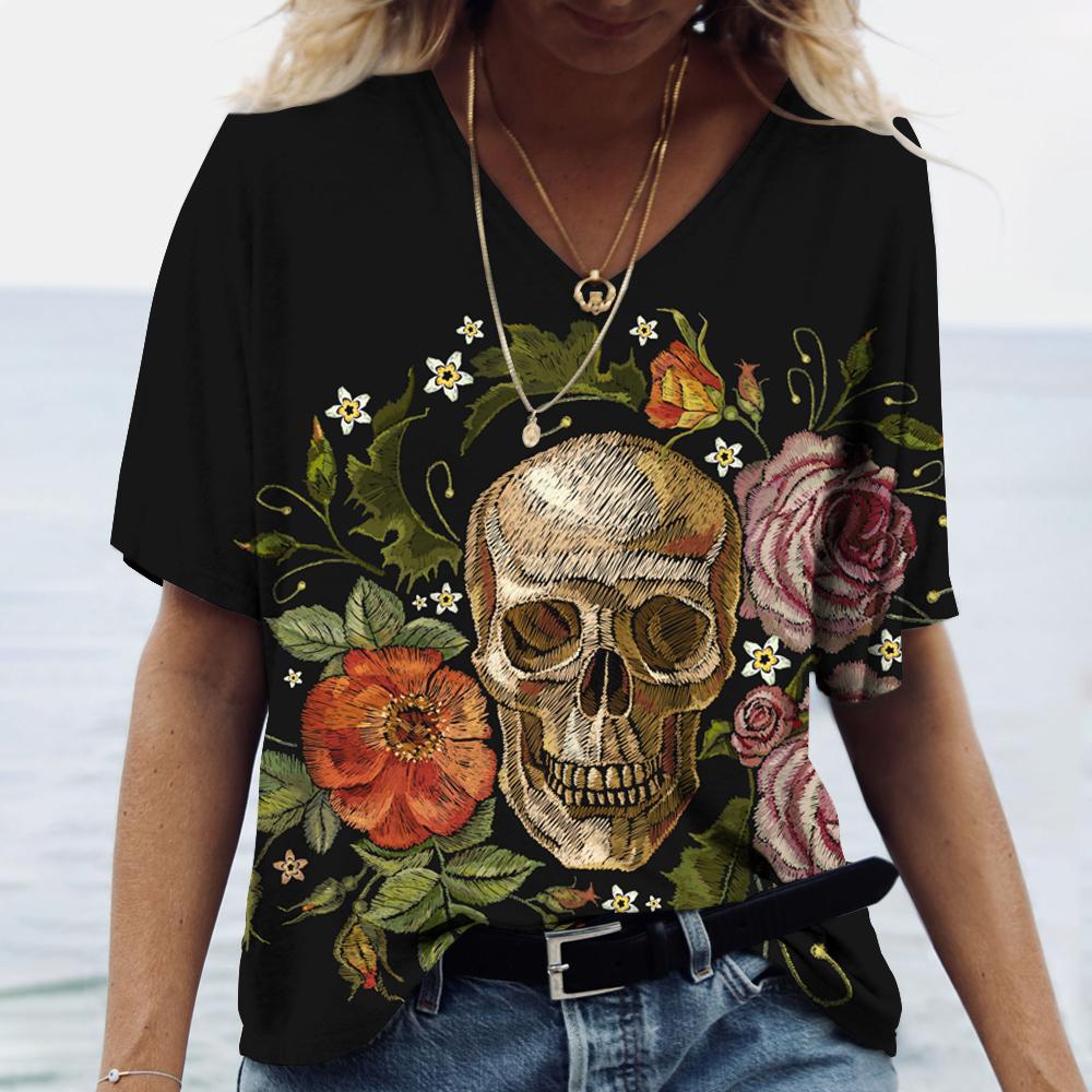 

Summer V-neck 3D Day Of The Dead Skull Pattern Printed Top Fashionable Casual Short Sleeved Women s T-shirts 4XL