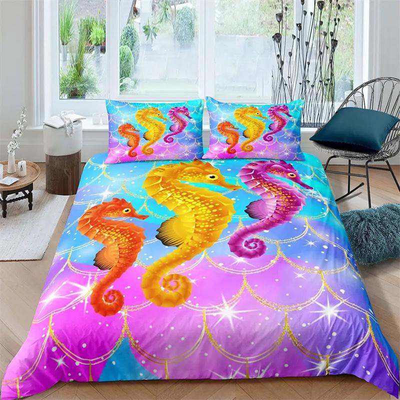 Seahorse Duvet Cover Marine Ocean Animal Print Bedding Set Mediterranean Teal Theme for Kids Women Gifts