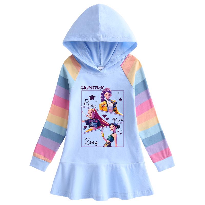 Kpop Demon Hunter Girl Cartoon Rainbow Ruffle Dress – Long Sleeve Hooded Princess Dress for Spring/Autumn