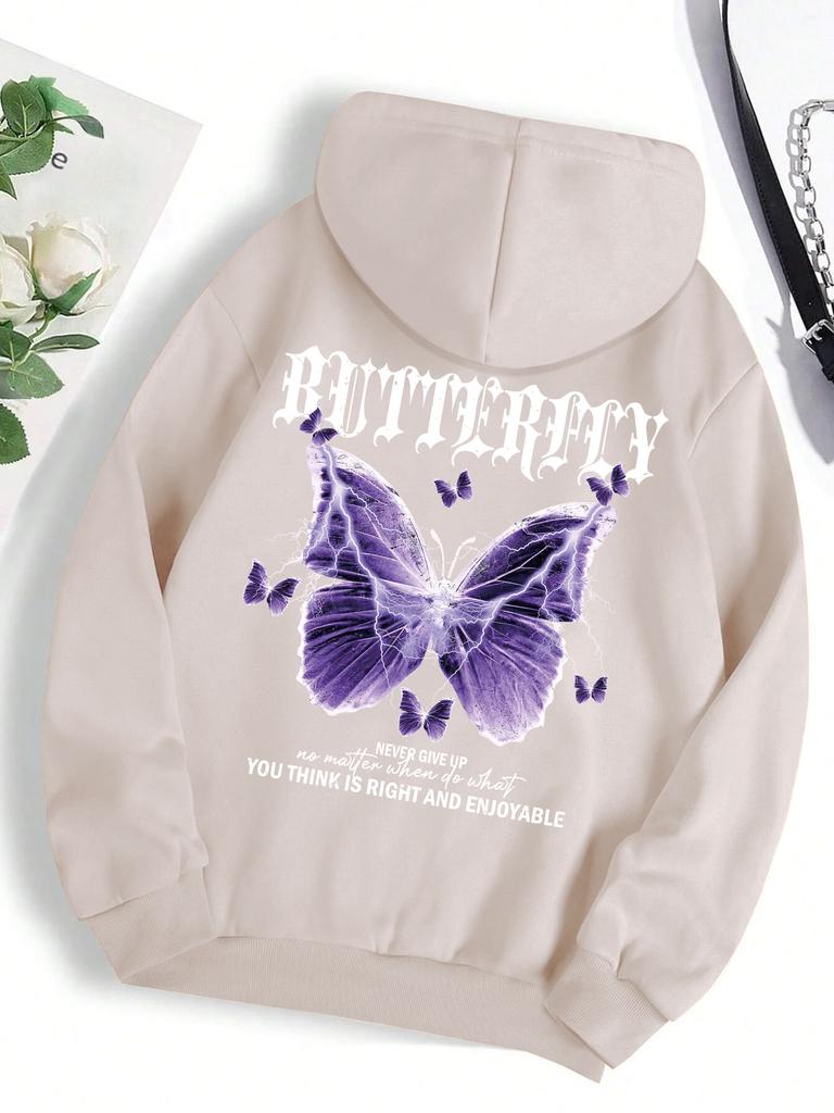 Wunderschöne Lila Schmetterlingsdruck Kapuzenpullover Damen Fleece Tasche Kapuzenpullover Einfacher Lässiger Hoodie Herbst Locker Weiblich Streetwear