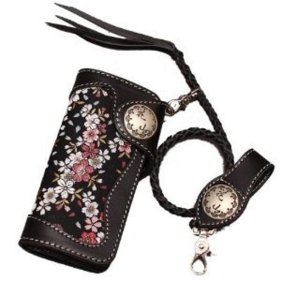 

DEGNER Hanayama Japanese Pattern Leather Long Wallet with Wallet Rope, Kyozakura, Black, W-9AK