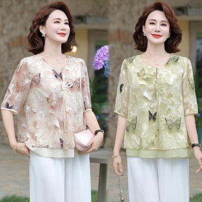Mamas stylisches Chiffon-Sommertop mit kurzen Ärmeln, chinesischer Stil, für Frauen mittleren und höheren Alters, 2026