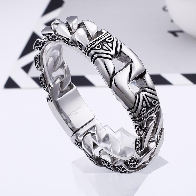 Men's Titanium Steel Bracelets with Personalized Retro Punk Style Patterns and Portrait Castings ,featuring Decorative Borders.