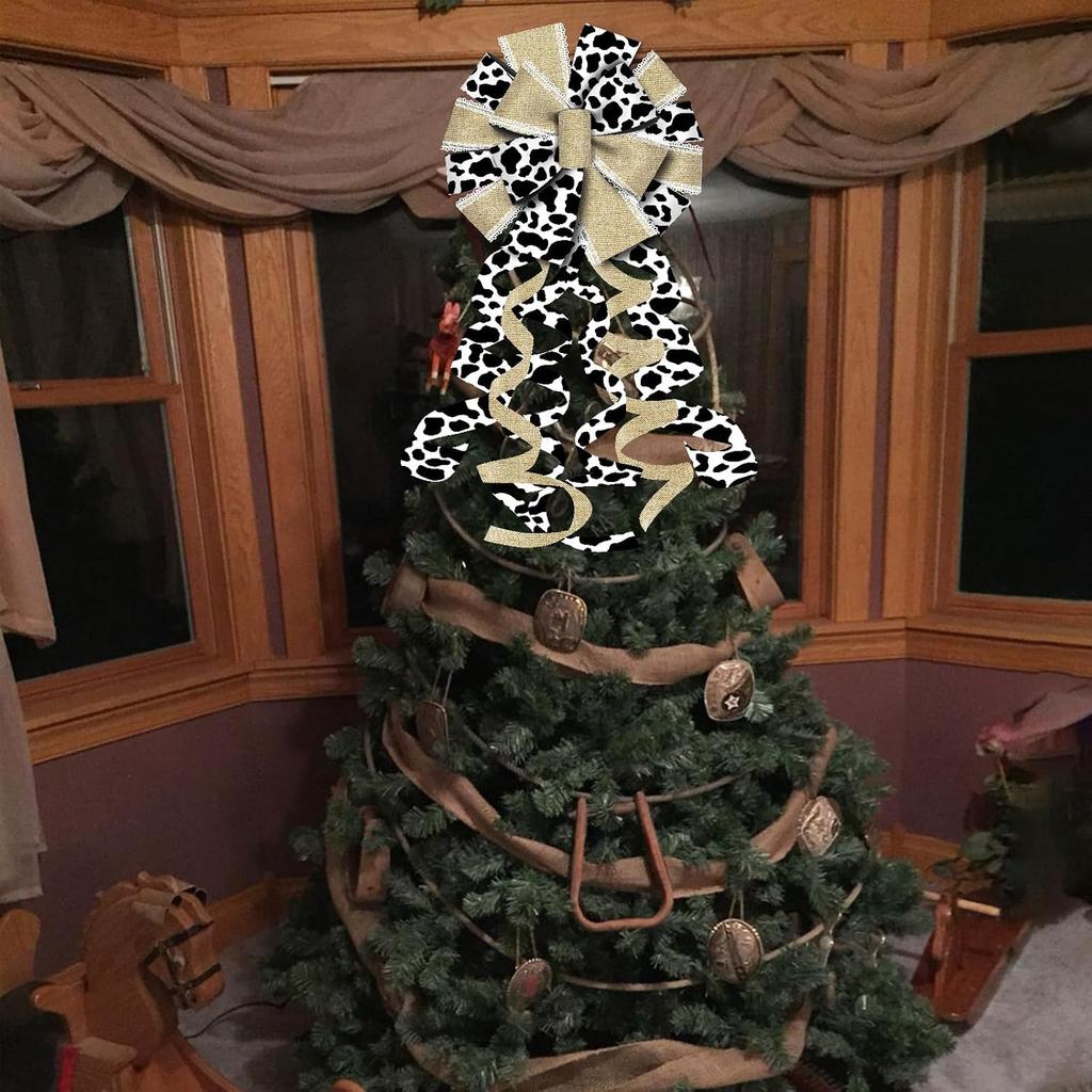 Cow Print Christmas Tree Topper Bow, Rustic Cow Farmhouse Ox Christmas Wreath Bow, Black and White Decorative Large Gift Bow, Xmas Hanging Ornament