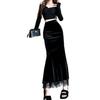 Women's Black Velvet High-Waist Fishtail Skirt - Thickened, Autumn/Winter, Medium Length with Slit Hip Wrap Design