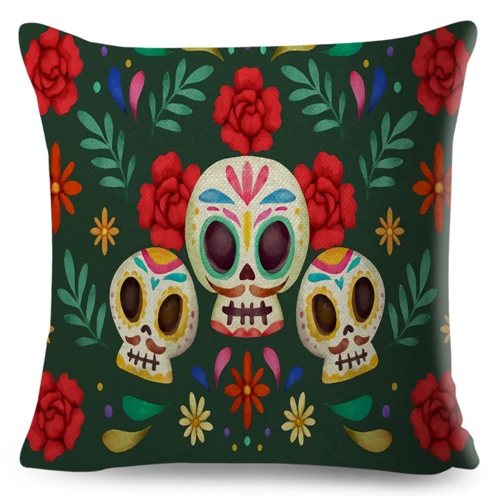 Day Of The Dead Pillowcase Decor Cartoon Mexico Flower Skull Print Cushion Cover for Sofa Home Polyester Pillow Case 45x45cm
