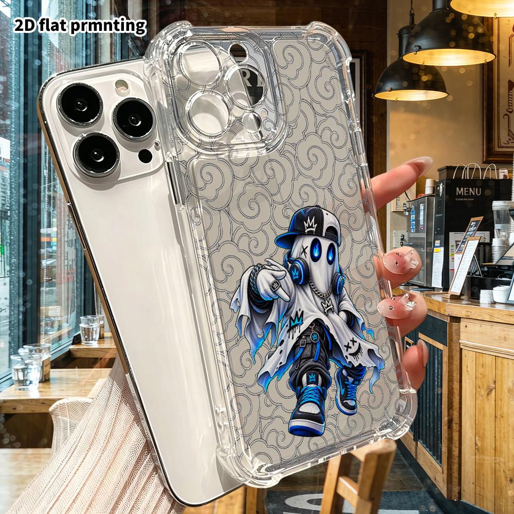 Phone Case: 2D Flat, Fits iPhone 18 17 16 15 14 13 Pro, Transparent Corner Protection Case, Hip Hop Ghost, Christmas and Halloween Gifts
