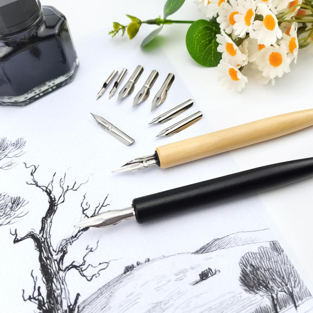 Quacc Comic Dip Pen Set, 2 Pen Holders and 10 Replacement Nibs, Wooden Calligraphy Holder with 5 Different Stainless Steel Nib for Writing, Painting,
