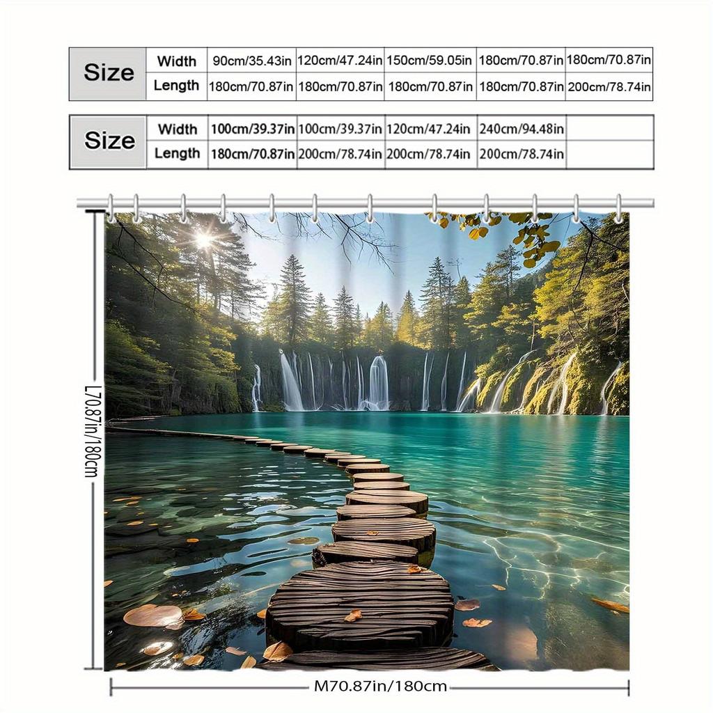 Forest Waterfall Shower Curtain Wooden Path Lake Scene Nature Art Calm Wilderness Decor Waterproof Printed Bath Curtain Home