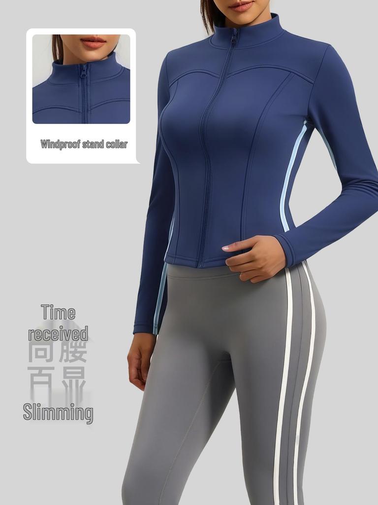 Women's Autumn & Winter Stand-up Collar Yoga Jacket, Waist-cinching Slim Fit, Long-sleeve, Outdoor Sports, Double-stitched Color-block Design.