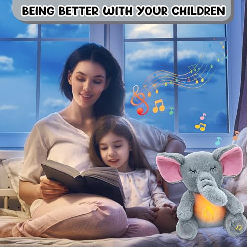 Baby Sleep Aid Soother with Heartbeat Sound, White Noise Music & Soft Light, Newborn Calming Toy, Plush Elephant Stuffed Animal for 0-1 Month+