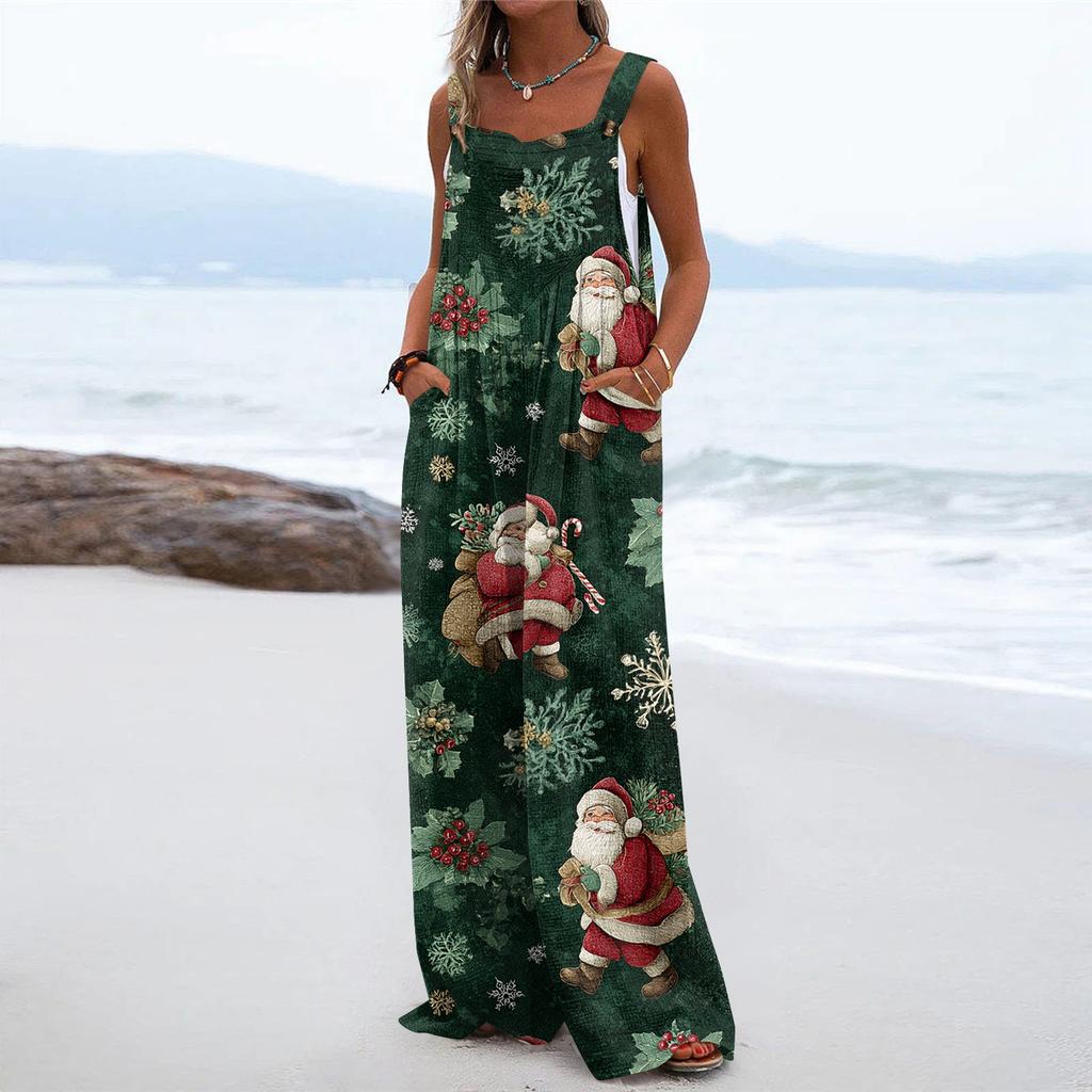 Women's Christmas Print Solid Wide Leg Strapless Tank Pocket Casual Onesie