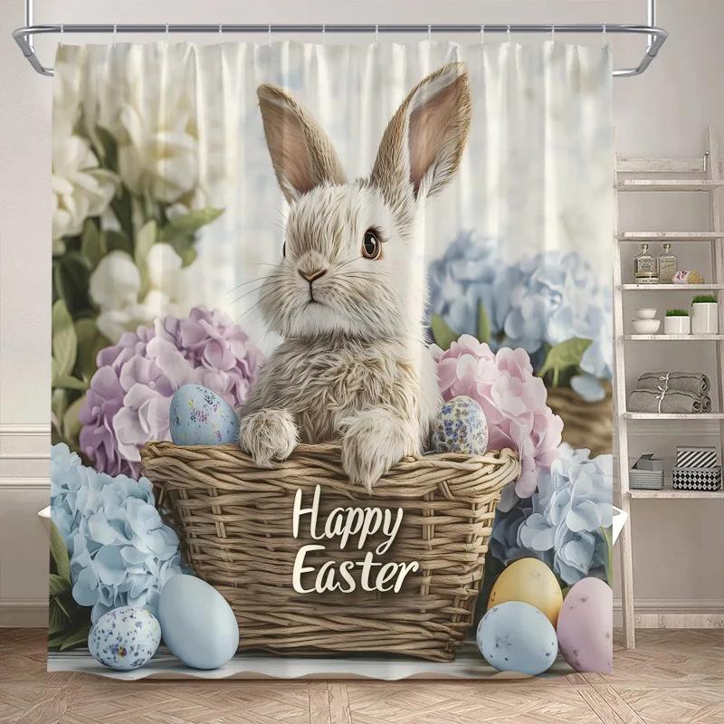 Funny Easter Shower Curtains Cute Cat Rabbit Eggs Butterfly Tulip Flowers Rustic Fabric Home Bathroom Curtain Decor With Hooks