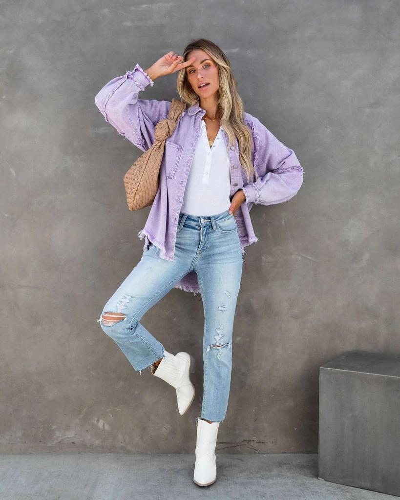 2025 Autumn Women's Long-Sleeve Washed Denim Jacket with Raw Edges