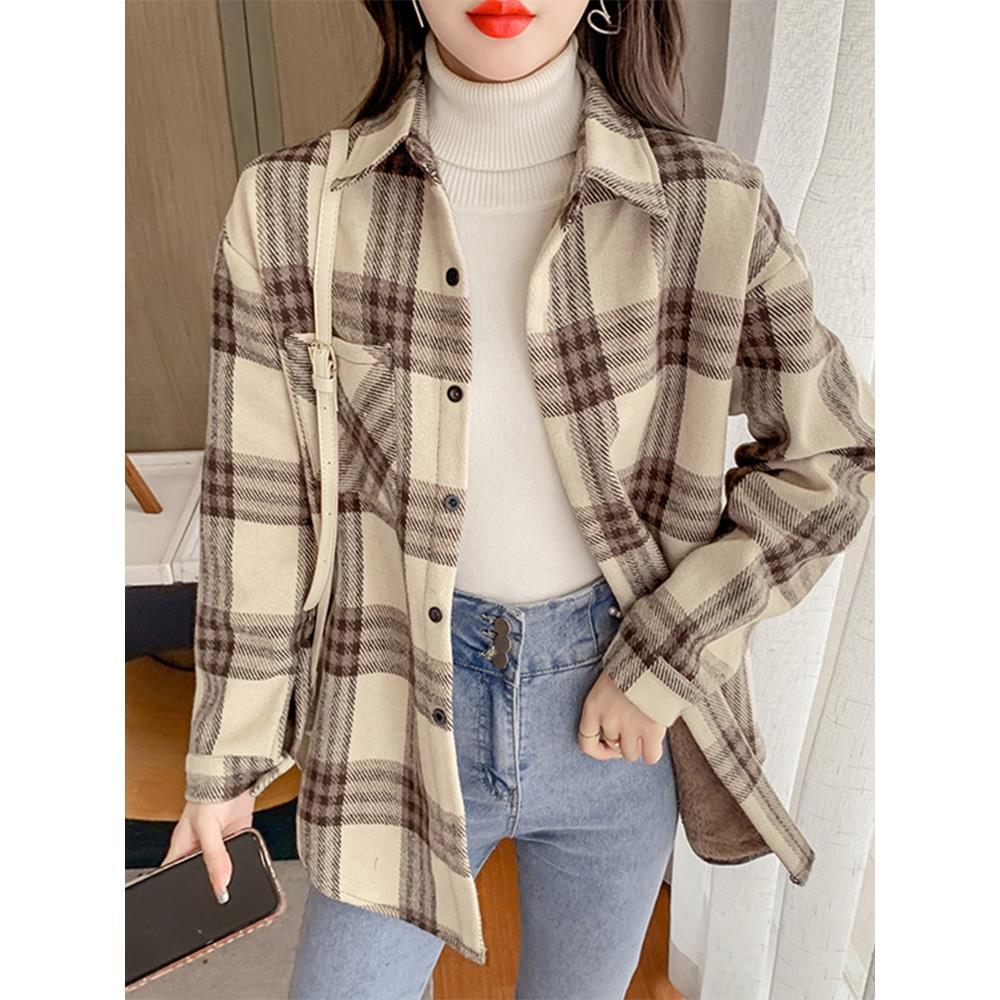 Women Thick Plush Warm Plaid Shirts Vintage Pocket Loose Blouse Autumn Winter Female Casual Korean Long Sleeve Tops